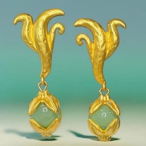 22k Matte Gold Plated Insane Caged Jade Glass Dangle Earrings